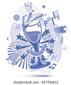 Celebrative grayscale backdrop with musical notes, glass goblet with wine and decorative stars. Graphic monochrome festive splash poster with design elements easy to use separately.
