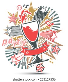 Celebrative leisure backdrop with musical notes, glass goblet with wine and decorative stars. Graphic festive splash poster with design elements easy to use separately.
