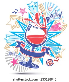 Celebrative leisure backdrop with musical notes, glass goblet of wine with curvy ribbon and decorative stars. Graphic festive splash poster with design elements easy to use separately.