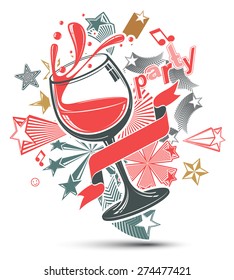 Celebrative leisure backdrop with musical notes, glass goblet with wine and decorative stars. Graphic festive splash poster with design elements easy to use separately.