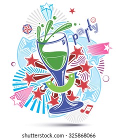 Celebrative leisure backdrop with musical notes, glass goblet and decorative stars. Graphic festive splash poster with design elements easy to use separately.