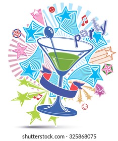 Celebrative leisure backdrop with musical notes and glass martini goblet with decorative stars. Party design elements easy to use separately. Lounge theme poster.