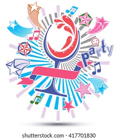 Celebrative leisure backdrop with musical notes, glass goblet of wine with curvy ribbon and decorative stars. Graphic festive splash poster with design elements easy to use separately.