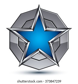Celebrative metallic geometric symbol, stylized pentagonal blue star placed on round silver surface, best for use in web and graphic design. Polished 3d vector icon isolated on white background.

