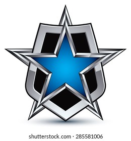 Celebrative vector emblem with silver outline and blue pentagonal star, 3d royal conceptual design element, clear EPS 8. Dimensional coat of arms isolated on white background.