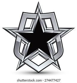 Celebrative vector silver emblem with black pentagonal star, 3d royal design element, clear EPS 8. Dimensional coat of arms isolated on white background.