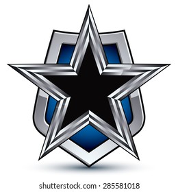 Celebrative vector silver emblem with black pentagonal star, 3d royal conceptual design element, clear EPS 8. Dimensional coat of arms isolated on white background.