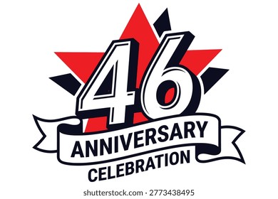 Celebratory 46th anniversary logo featuring bold red maple leaf design with white and navy ribbon celebrating milestone achievements in vibrant graphic style