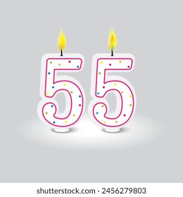 Celebratory 55 candle numbers. Bright birthday concept. Vector illustration.