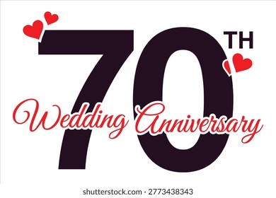 Celebratory 70th Wedding Anniversary vector graphic featuring bold red hearts and elegant cursive text on dark purple background