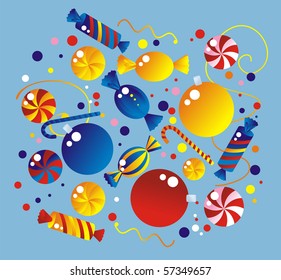 Celebratory allsorts: sweets, fur-tree spheres, crackers, confetti, streamer