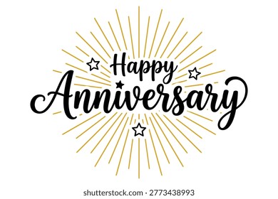 Celebratory anniversary graphic design featuring elegant cursive text Happy Anniversary with radiant golden starburst rays and three twinkling stars in minimalist vector style for festive branding and