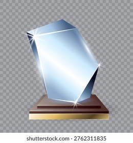Celebratory award with reflective surfaces, showcasing polished geometric awards under lighting
