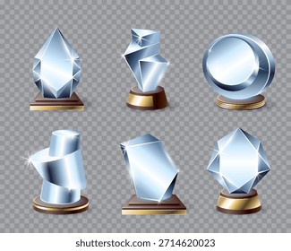 Celebratory awards with reflective surfaces, showcasing polished geometric awards under lighting