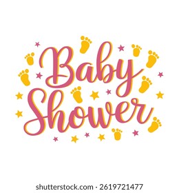Celebratory baby shower text art with decorative baby feet and stars.