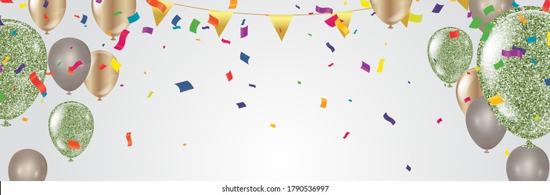 Celebratory background with balloons and green confetti Vector illustration