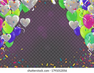 Celebratory background with balloons and green confetti Vector illustration