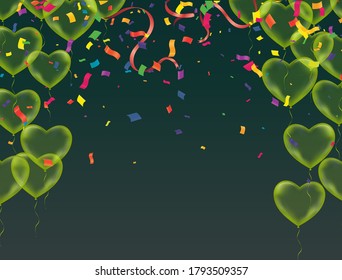 Celebratory background with balloons and green confetti Vector illustration