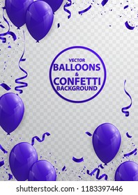 Celebratory background with balloons and purple confetti.