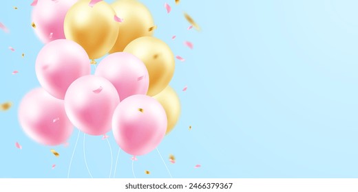 Celebratory background with beautifully arranged pink balloons. Vector 3D illustration design