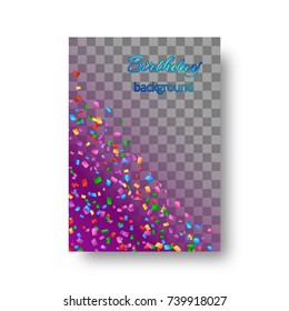 Celebratory background with bright colored particles of confetti on a purple backdrop for a christmas decoration of congratulations