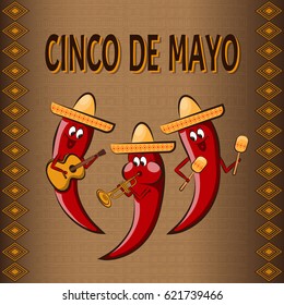 Celebratory background Cinco De Mayo, with three cartoon peppers, playing on musical instruments and ornaments. For banners, postcards.
