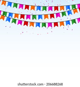 Celebratory background with confetti and flags. Vector illustration