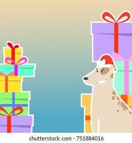 Celebratory background with dog in hat and mountain of gifts, vector