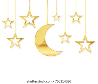 Celebratory background with a gold hanging moon and stars. Vector illustration. Festive greeting