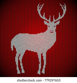 Celebratory background knitted from wool. Carpet, sweater. White deer on a red background. It warms in winter. eps 10