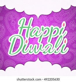 Celebratory background with paisley pattern, rangoli and beautiful frame for Indian Festival of Lights. Happy Diwali. Vector illustration.
