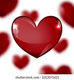 Celebratory background for Valentine's day. For recognition. Glass heart with glare and brilliance. In the background, blurred hearts with the effect of faceting. 10 eps