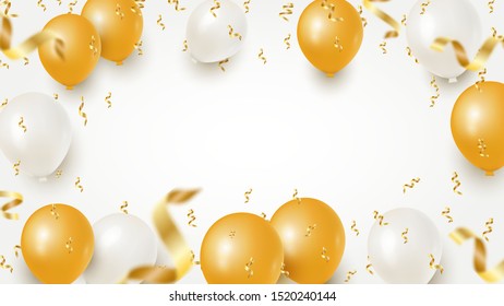 Celebratory banner template or invitation for your arts with copy space. Festive white and gold balloons, golden foil confetti. Vector Holiday illustration.