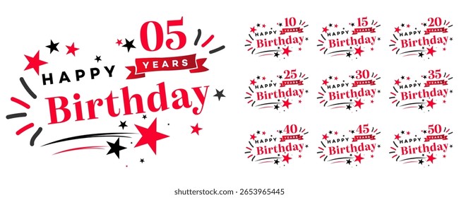 Celebratory birthday graphics featuring red black stars, ribbons, and stylized text indicating 5, 10, 15, 20, 25, 30, 35, 40, 45, 50 years.