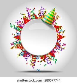 Celebratory blank with a white circle with colored ribbons and confetti streamers on a light background. Vector illustrations