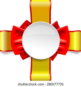 Celebratory blank with a white circle with a red gold ribbon bow on an white background. Vector illustrations