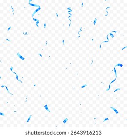 Celebratory blue confetti and ribbon falling on a transparent background illustration. Carnival confetti isolated on white background.