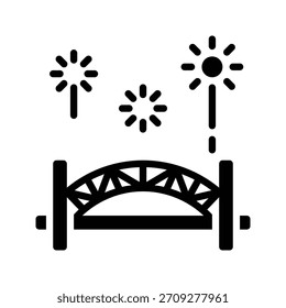 Celebratory Bridge with Fireworks Overhead Vector Illustration, Flat Style Icon