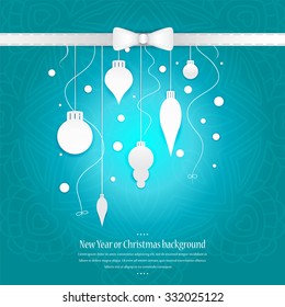 Celebratory bright background for Christmas and New Year. Greeting card. White Christmas decorations, toys on a blue gradient background. Space for text. Christmas decorations, tinsel, snow falling.