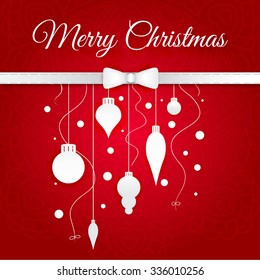 Celebratory bright background for Merry Christmas and New Year. Greeting card. White Christmas decorations, toys, snow falling on a red gradient background.  Congratulations on a Merry Christmas.