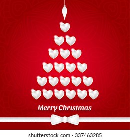 Celebratory bright background for Merry Christmas and New Year. Greeting card. Congratulations on a Merry Christmas. Decorative tree, fir. Christmas tree made of white hearts. White bow with ribbon.