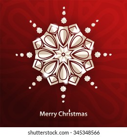 Celebratory bright background for Merry Christmas and New Year. Greeting card. Congratulations on a Merry Christmas. Volumetric white snowflake on a red background. White mandala. Christmas snowflake.