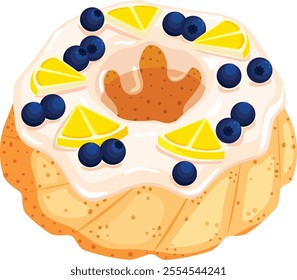 Celebratory Bundt Cake with Zesty Icing Glaze, Lemon and Blueberry Toppings. 