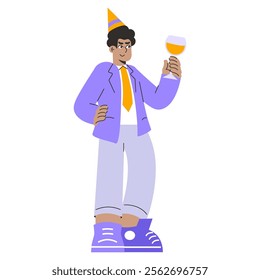 Celebratory businessman illustration. A professional man in a party hat toasting with a glass, marking a festive occasion. Office celebration, joy, and success. Vector illustration.