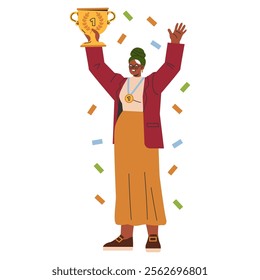 Celebratory businesswoman lifting trophy. Triumphant female professional celebrating victory with gold cup amidst confetti. Vector illustration.