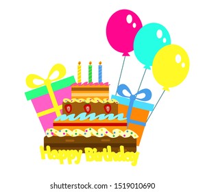 Celebratory cake and birthday presents. Vector illustration.