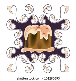  Celebratory cake covered with chocolate icing on a decorative background