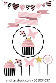 Celebratory cake with set of decoration, toppers, candles and garlands with flags. Vector hand drawn illustration, scandinavian style in mint colors with gold glittering elements.