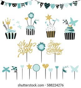 Celebratory cakes with set of decorations, toppers, candles and garlands with flags. Vector hand drawn illustration, scandinavian style in mint colors with gold glittering elements and text.