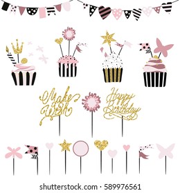 Celebratory cakes with set of decorations, toppers, candles and garlands with flags. Vector hand drawn illustration, scandinavian style in mint colors with gold glittering elements and text.